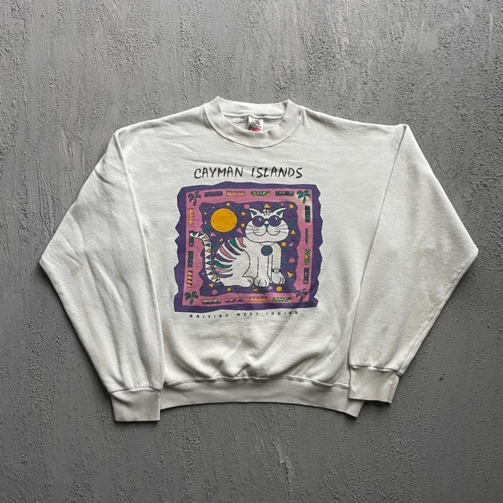 Vintage Cayman Islands Cat Sweatshirt Mens Large White 90s Fruit of the Loom